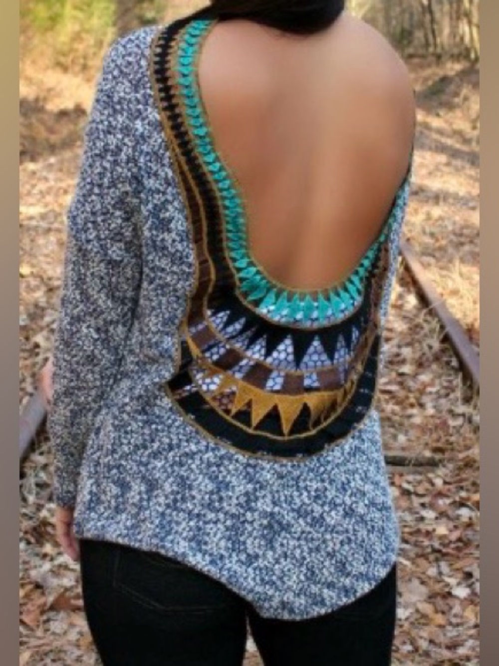 Sage Boho Women’s Speckled Scoop Neck Long Sleeve Open Lace Crochet Back Top